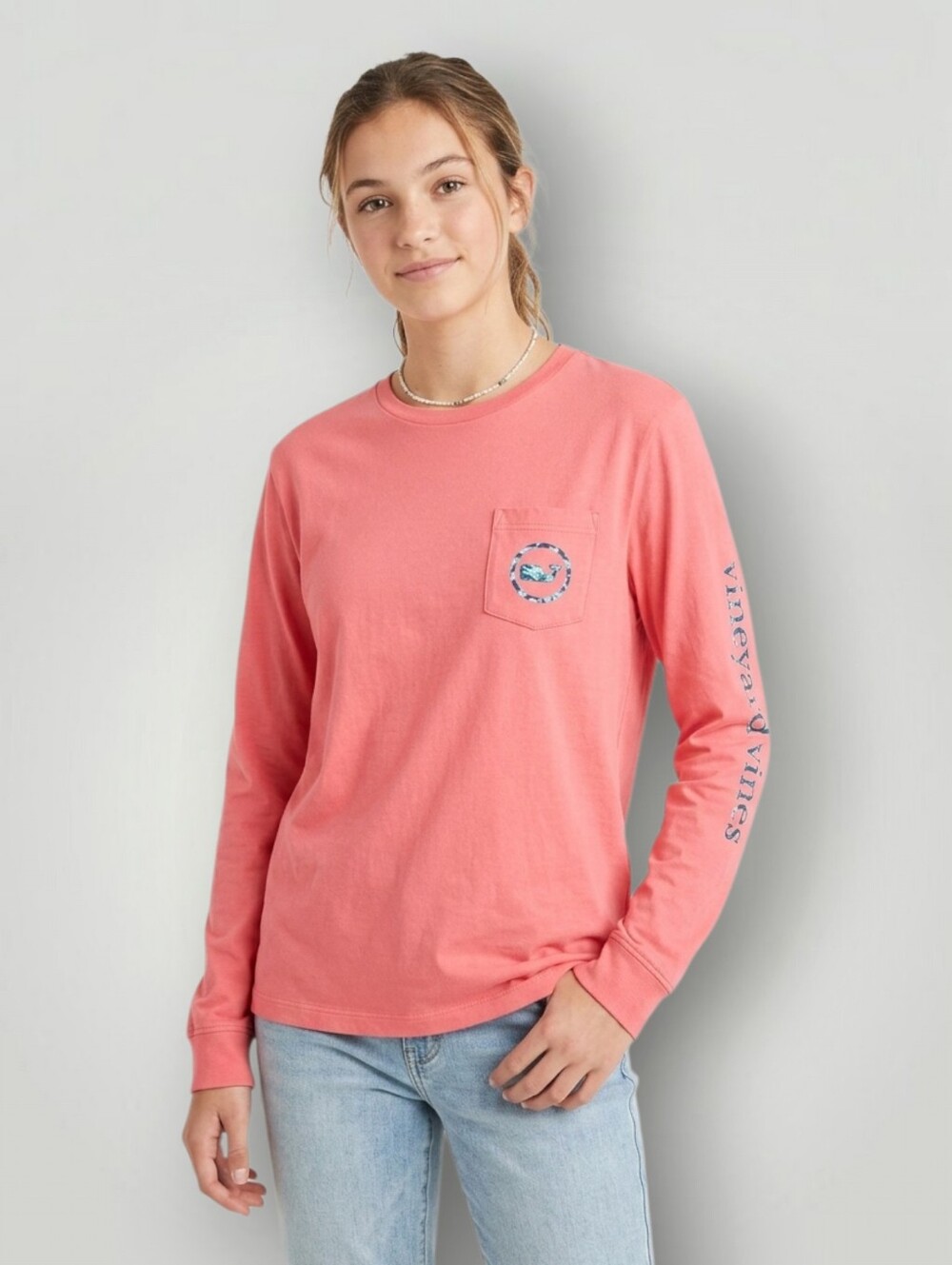 Vineyard Vines Girls Tropical Floral Whale LS Pocket Tee Coral XL 18 EUC/AU